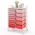 GiantexUK 15 Drawers Rolling Trolley, Utility Storage Organizer Cart with Wheels, Home Office Hairdressing Salon Shelving Organizer Unit (Gradient Pink)