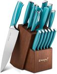 Knife Set, Kitchen Knife Set with Block Wooden, Emojoy 15-Pieces Knife Block Set Stainless Steel Kitchen Knives and Serrated Steak Knives,Blue Chef Knife Set with Sharpener