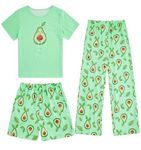 Fanient Pyjamas for Girls Sleepwears 3pcs Green Avocado Printed Nightwear Girls Short Sleeves Pyjamas Sets All Seasons Wear for 11-12 Years