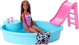 Barbie Doll & Pool Playset with Accessories that Include a Pink Slide, Beverages & Towel, Brunette Fashion Doll in Floral Swimsuit