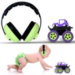 RATURISH Noise Cancelling Earmuffs For Kids with FREE Monster Truck Toy | Baby Hearing Protection | Comfortable Ear Muffs for Kids Ages 0-3 | Adjustable | Safe Soundproof Headphone For Babies (Parrot)