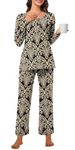 Bestbee Women's Pyjamas Set Plus Size, 2 Piece Outfits Button-Down Nightwear Long Sleeve Long Pant With Pockets Ladies Pjs, 3XL, Floral Khaki-black