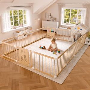 IKALIFE Large Wooden Baby House Playpen 16 Panels 92.52"*92.52"