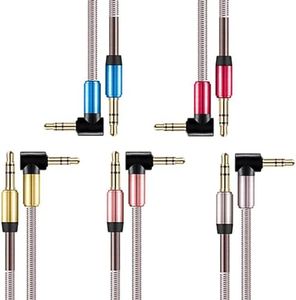tunghey 5Pack Right Angle Coiled Metal Braided Aux Cable 3.5mm Male to Male Stereo Aux Cord Auxiliary Audio Cable 1/8 Shielded AUX Headphone Cable Extension Compatible Car/Home Stereos,Speaker 1M