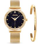 ManChDa Womens Wrist Watch Crystal Mesh Stainless Steel Belt Ladies Quartz Diamond Classic Fashion Romatic + Jewelry Cuff Bracelet Set (1.Gold Watch + Gold Bracelet)