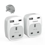 UK to India Plug Adapter 2 Pack, TESSAN Indian Travel Adapter with 2 USB Ports(1 USB C), Plug Socket Adaptor UK to Sri Lanka, Pakistan, Burma, Maldives, Iraq, Namibia, Nepal, Yemen, Zambia (Type D)