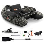 Goplus Inflatable Float Tube, Fishing Belly Boat w/Paddle, Flippers, Fish Ruler, Pump, Storage Bag, Adjustable Straps, 350LBS Load Capacity (Camouflage, W/Rod Holder)