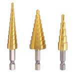 Step Drill Bit Set with 1/4-inch Hex Shank Titanium HSS Coated Step Drill Bit Set, Convenient Woodworking Carpenter's Tool for Wood, Metal, Plastic, Multi-Hole (3-12 mm, 4-12 mm, 4-20 mm) 3-Piece Set