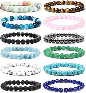 Jewdreamer 12Pcs Natural Stone Beaded Bracelets for Women Men Semi-Precious Gemstones Bracelets Crystal Beaded Bracelet Unisex Adjustable Stretch Bracelets 8MM