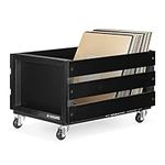 Navaris Wooden Record Crate with Wheels - Vinyl Album Storage Holder Box Wooden Case with Chalkboard Sign Board - Holds up to 80 LP Records - Black