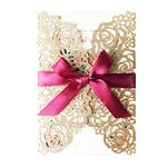 KUCHYNEE - 50pcs 5.12" x 7.28" Gold Wedding Invitation Cards with Burgundy Bow, Laser Cut, Hollow Roses, Wedding Invitation for Bridal Shower, Engagement, Wedding Invitation (Gold Glitter)