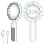 Taipow Magnifying Glass with Light, Rechargeable Handheld Magnifier with Ultra Bright 21 Led 20x Optical Glass Lens - White