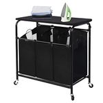 STORAGE MANIAC 3-Section Laundry Sorter with Foldable Ironing Board, Heavy-Duty Rolling Laundry Cart with and Removable Bags, Triple Laundry Hamper with Wheels, Dark Black
