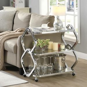 FERFALDER Silver Bar Cart with Wheels Glass Bar Cart for Home Metal Console Table Serving Cart with Storage for Club Spa Cafe Entryway Kitchen Living Room Hallway Sofa