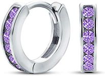 Purple Cubic Zirconia CZ Channel Set Small Huggie Hoop Earrings For Women Simulated Amethyst .925 Sterling Silver