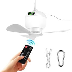 KIKVOOL Camping Fan with Light & Remote, 8000mAh Rechargeable Portable Ceiling Fan for Tent, RV, Car, Canopy - 3 Speed Battery Powered Hanging Fan with Timer for Outdoor, Beach, Patio, Gazebo