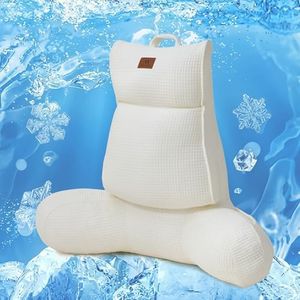 Amélie Home Premium Cooling Waffle Reading Pillow, Qmax>0.37 Ergonomic Backrest Support with Pocket & Handle, Breathable Lounging Pillow for Bed Sofa Floor Summer, 29 Inches, Ivory