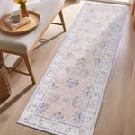 TOPICK Runner Rug 60x210cm Distressed Pink Floral Vintage Rug Machine Washable Rug Hallway Floor Cover Indoor Thin Long Rug Non Slip Carpet Kitchen Living Room Office Bedroom