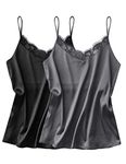 Ekouaer Women's 2 Packs Camisole Lace V Neck Caimi Tank Satin Adjustable Spaghetti Strap Tank Top, Black and Grey S