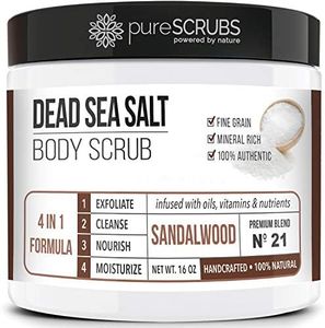 pureSCRUBS Premium Sandalwood Body Scrub Set - Large 16oz Dead Sea Salt Body Scrub With Infused Essential Oils & Nutrients, Includes Wooden Spoon, Loofah & Oatmeal Exfoliating Bar Soap