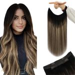 YoungSee Wire Hair Extensions Ombre Invisible Wire Hair Extensions Real Human Hair Black Fish Line Hair Extensions Black to Dark Brown with Blonde Balayage Soft Hair Wire Extensions for Short 12In 70G