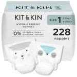 Kit & Kin Premium Baby Nappies Size 1 | Newborn 2-5 kgs / 4-11 lbs | Pack of 228 Nappies | Plant-Based Materials On Baby's Skin | Hypoallergenic | Superior Leak Protection