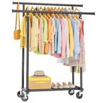 HYSEYY Double Rods Clothing Rack, Rolling Clothes Rack, Metal Garment Rack with 4 Lockable Wheels & Storage Shelf, Sturdy Coat Rack for Bedroom, Laundry, Living Room - 160H x 113W x 42D cm (Black)
