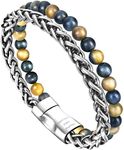 murtoo Mens Bead Leather Bracelet, Blue and Brown Bead and Leather Bracelet for Men (Silver)