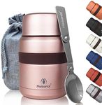 Mebanix Food Flask for Hot/Cold Food, Soup | 400ml Stainless Steel Double Walled Vacuum Insulated Leakproof Jar with Folding Spoon | BPA Free | 6 hrs hot 10 hrs cold | For Adults and Kids. Pink.