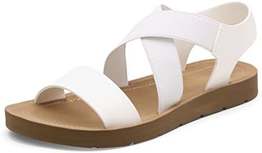 DREAM PAIRS Womens Open Toe Elastic Ankle Strap Flat Summer Sandal, White-2-9.5 (Elena-2)