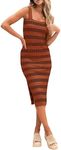 HDLTE Women's Sleeveless Striped Knit Bodycon Midi Dress Square Neck Side Slit Tank Ribbed Sweater Dresses Orange