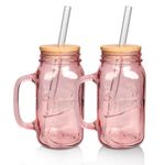 ANOTION ANOITON Tumbler with Handle and Straw, 24oz Pink Mason Jars with Handles Drinking Glasses Pink Glassware Colored Glass Cups with Lids and Straws Pink Gifts for Women Birthday Gifts for Women