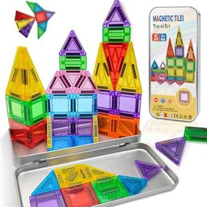 42-Piece Mini Magnetic Tiles Travel Set 3+ Years | Kids Magnetic Building Blocks with Iron Box | STEM Educational Sensory Toys | Preschool & On-The-Go Games | Christmas Birthday Gift