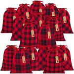 MIMIND 16 Pieces Christmas Drawstring Gift Bags Cotton Fabric Gift Bag 10 x 12 Inch Red and Black Buffalo Plaid Drawstring Bag Xmas Santa Sack Christmas Party Favor Bag with 24 Tags, 6 Style