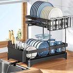 Cloyster Metal Small Dish Drying Rack - 2-Tier With Drainboard, Utensils Holder, Glass Holder For Kitchen Counter, Tiered Drainer Space, Black