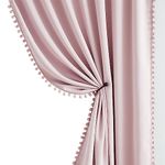 Pom-pom Pink Blackout Curtains for Bedroom 63inch Length Energy Efficient 100% Full Blackout Window Panels for Baby Girls Nursery Living Room Adorable Rod Pocket Drapes 2pcs 52" w Rod Pocket