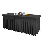 1 Pack Black Table Clothes for 8 Foot Rectangle Tables, One-Piece Wrinkle Resistant Stretch Spandex Table Covers with Skirt for Event Banquet Wedding Birthday Party