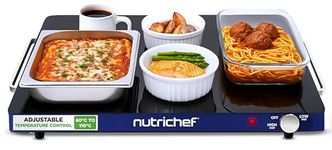 NutriChef Electric Warming Tray – Adjustable Temperature Food Warmer Hot Plate for Buffets & Parties, Glass Surface, 59 x 44 cm with Control Knob and Stay-Cool Handles, Blue