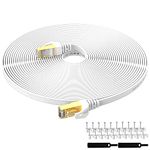 Lovicool Cat 7 Ethernet Cable 30m/100ft,High-Speed Flat Cat7 Gigabit RJ45 LAN Patch Cord with 10Gbps 600Mhz/s FTP POE for Internet, Router, Modem, Smart TV, PC & Laptop PS5 PS4 Switch Modem-White