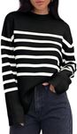 ZESICA Women's 2024 Fall Winter Striped Long Sleeve Crew Neck Ribbed Knit Side Slit Oversized Pullover Sweater Jumper Top,Black,Medium