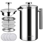 French Press Coffee Maker, Double Insulated 304 Stainless Steel Coffee Tea Maker 4 Level Filtration System, No Coffee Grounds, Rust-Free, Dishwasher Safe