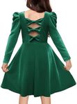 Arshiner Girls Long Sleeve Dress Fall Winter Velvet Crew Neck Bow Back Formal Party Flare Dresses with Pockets Green 10-11Y