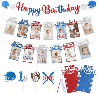 Baseball Happy Birthday Banner Baseball Birthday Party Decorations 1st Birthday Photo Banner and 24PCS Cake Topper Glitter Banner Set for First Year Down Birthday Party Decorations