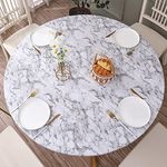 Round Vinyl Fitted Tablecloth with Flannel Backing Elastic Edge Design Table Cover Waterproof Oil-Proof PVC Table Cloth Wipeable for Round Table (Marble, Best for 57"-65" Round)