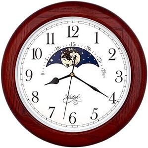 JUSTIME 14 Inch Exclusive Solid Oak Wood Non-Ticking Sweep Mechanical Specialty Moon Phase Moving Dial Wall Clock, Gift, Home Décor