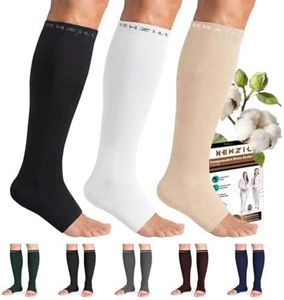 NEWZILL Compression Socks for Women & Men Circulation 20-30 mmHg, Graduated Open Toe, Cotton Compression Socks for Nurses XXL Black/White/Nude 3Pairs