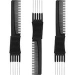 3 Pack Black Carbon Lift Teasing Combs with Metal Prong, Salon Teasing Back Combs, Black Carbon Comb with Stainless Steel Lift (Style A)