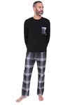 ThePyjamaFactory Mens Black Long Pyjama Set Checked Bottoms (Large)