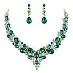 BriLove Women's Wedding Bridal Austrian Crystal Teardrop Cluster Statement Necklace Dangle Earrings Set Emerald Color Silver Tone