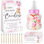 Roowest 62 Pcs Baby Shower Games Guess How Many Candies are in The Jar Game Sign 50 Small Guessing Games 10 HB Pencils and 1000 ml Milk Bottle for Baby Shower Gender Reveal Party (Pink,Bear)